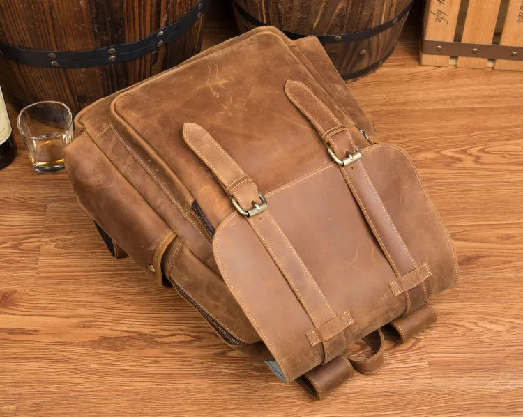 BOOPDO DESIGN MAN TIME OUTDOOR TRAVEL LEATHER BACKPACK IN KHAKI