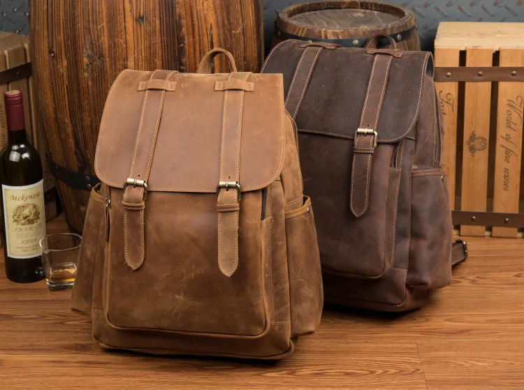 BOOPDO DESIGN MAN TIME OUTDOOR TRAVEL LEATHER BACKPACK IN KHAKI