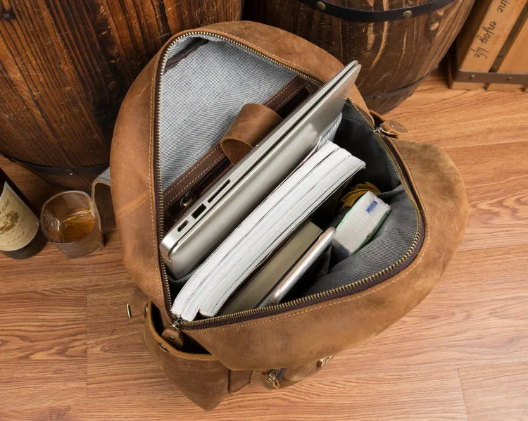 BOOPDO DESIGN MAN TIME OUTDOOR TRAVEL LEATHER BACKPACK IN KHAKI
