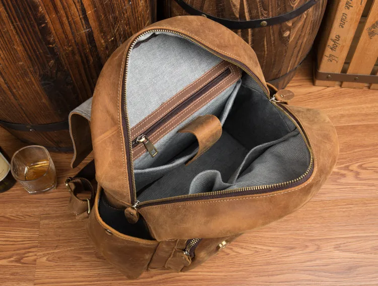 BOOPDO DESIGN MAN TIME OUTDOOR TRAVEL LEATHER BACKPACK IN KHAKI