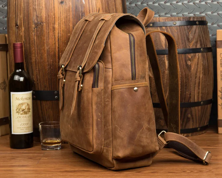 BOOPDO DESIGN MAN TIME OUTDOOR TRAVEL LEATHER BACKPACK IN KHAKI
