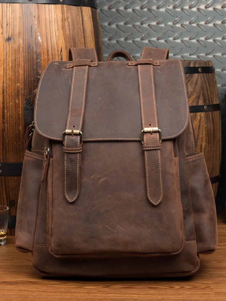 BOOPDO DESIGN MAN TIME OUTDOOR TRAVEL LEATHER BACKPACK IN KHAKI