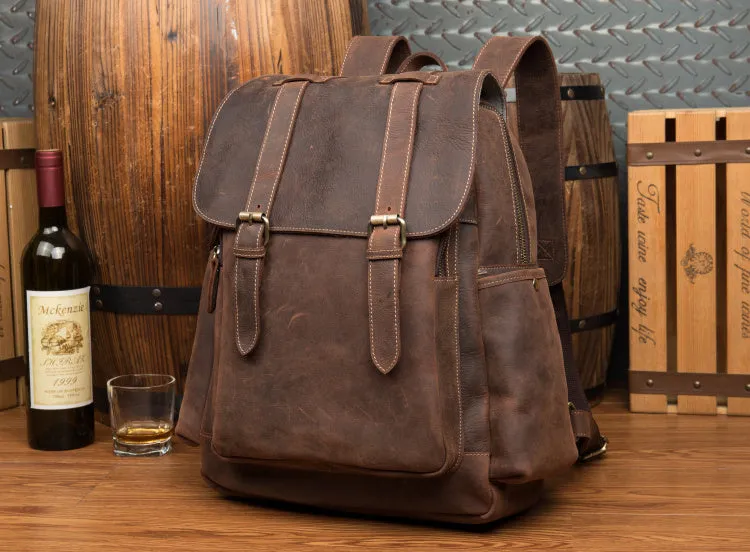 BOOPDO DESIGN MAN TIME OUTDOOR TRAVEL LEATHER BACKPACK IN KHAKI