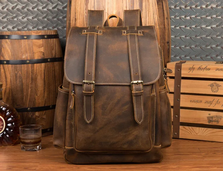 BOOPDO DESIGN MAN TIME OUTDOOR TRAVEL LEATHER BACKPACK IN KHAKI