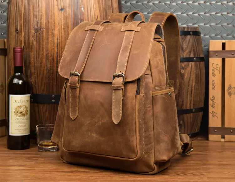 BOOPDO DESIGN MAN TIME OUTDOOR TRAVEL LEATHER BACKPACK IN KHAKI