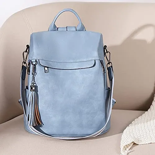 BROMEN Backpack Purse for Women Leather Anti-theft Travel Backpack Fashion Shoulder Bag Retro Blue