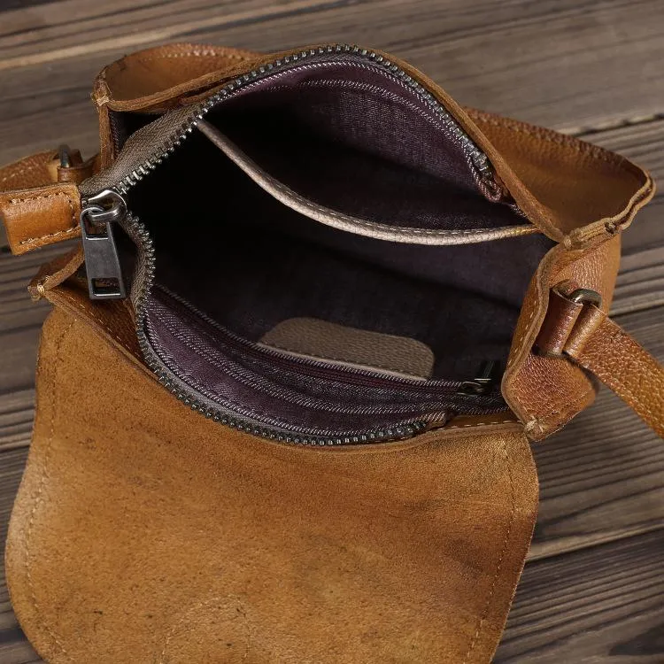 Brown Leather Small Small Saddle Messenger Bag Mini Shoulder Bag Side Bag For Men
