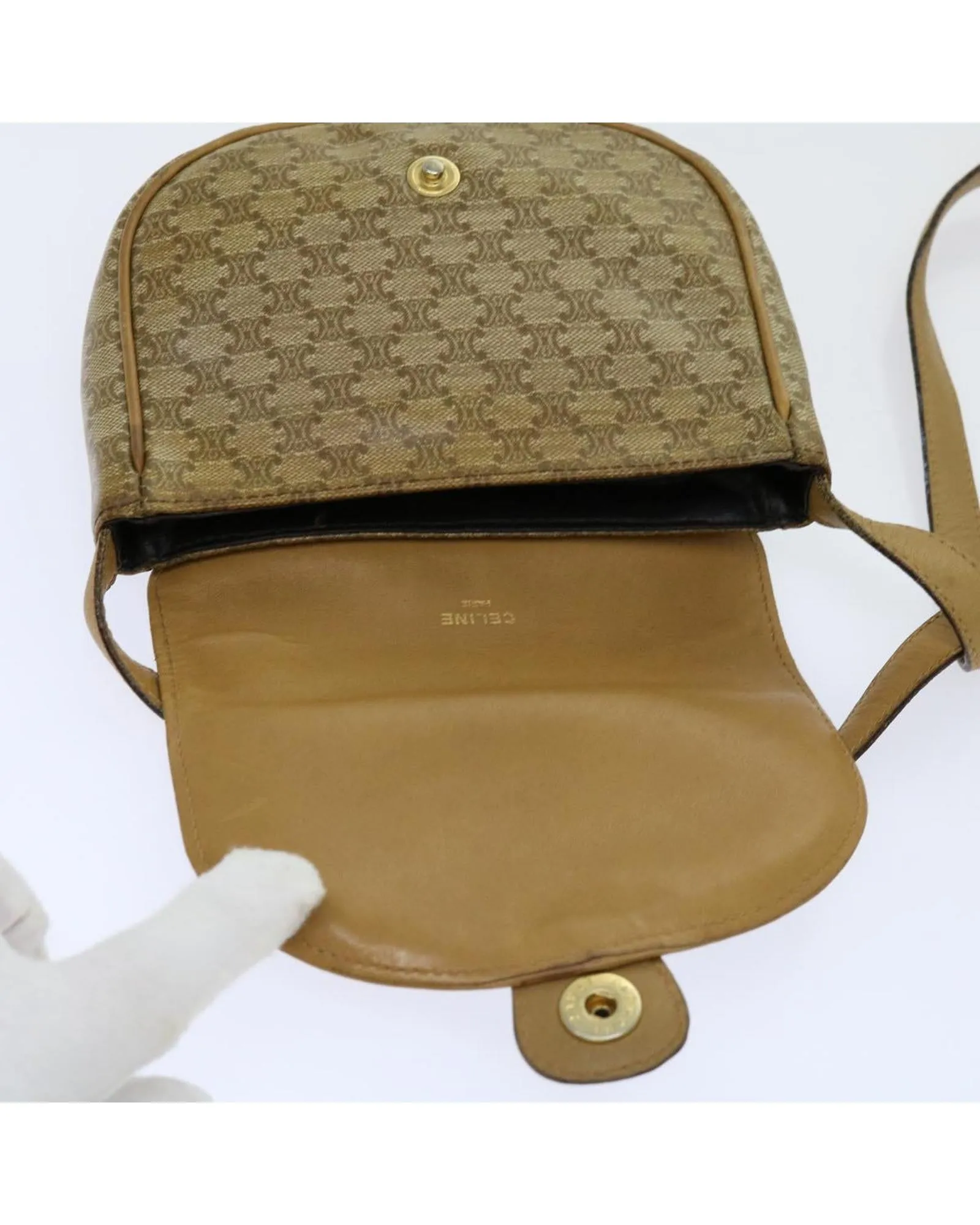 CELINE Trio Shoulder Bag in Tan Canvas and Leather