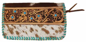 Challenger Western Cowhide Turquoise Laced Floral Tooled Leather Wallet