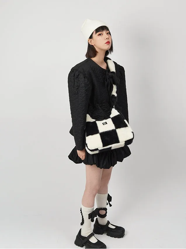 Checkerboard Plaid Chain Shoulder Fur Bag