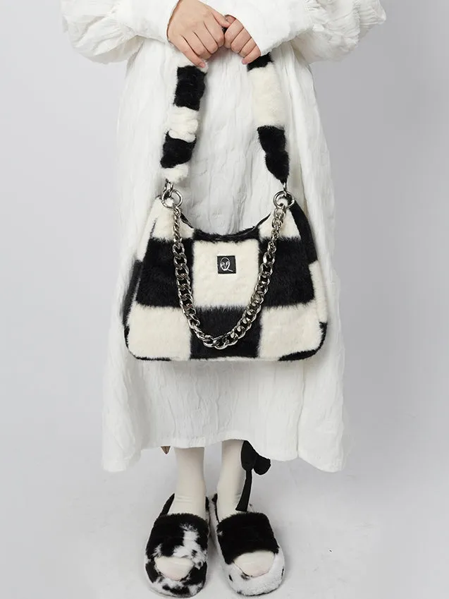 Checkerboard Plaid Chain Shoulder Fur Bag