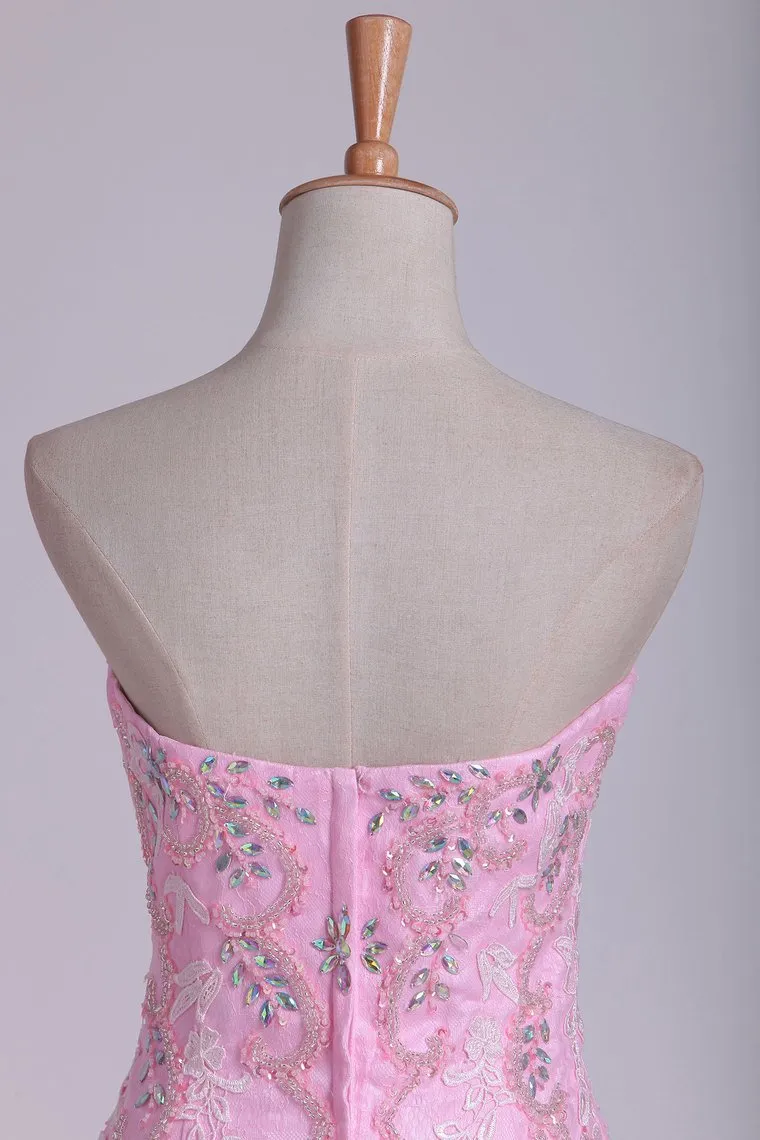 Column Strapless With Beading And Applique Prom Dresses Sweep Train