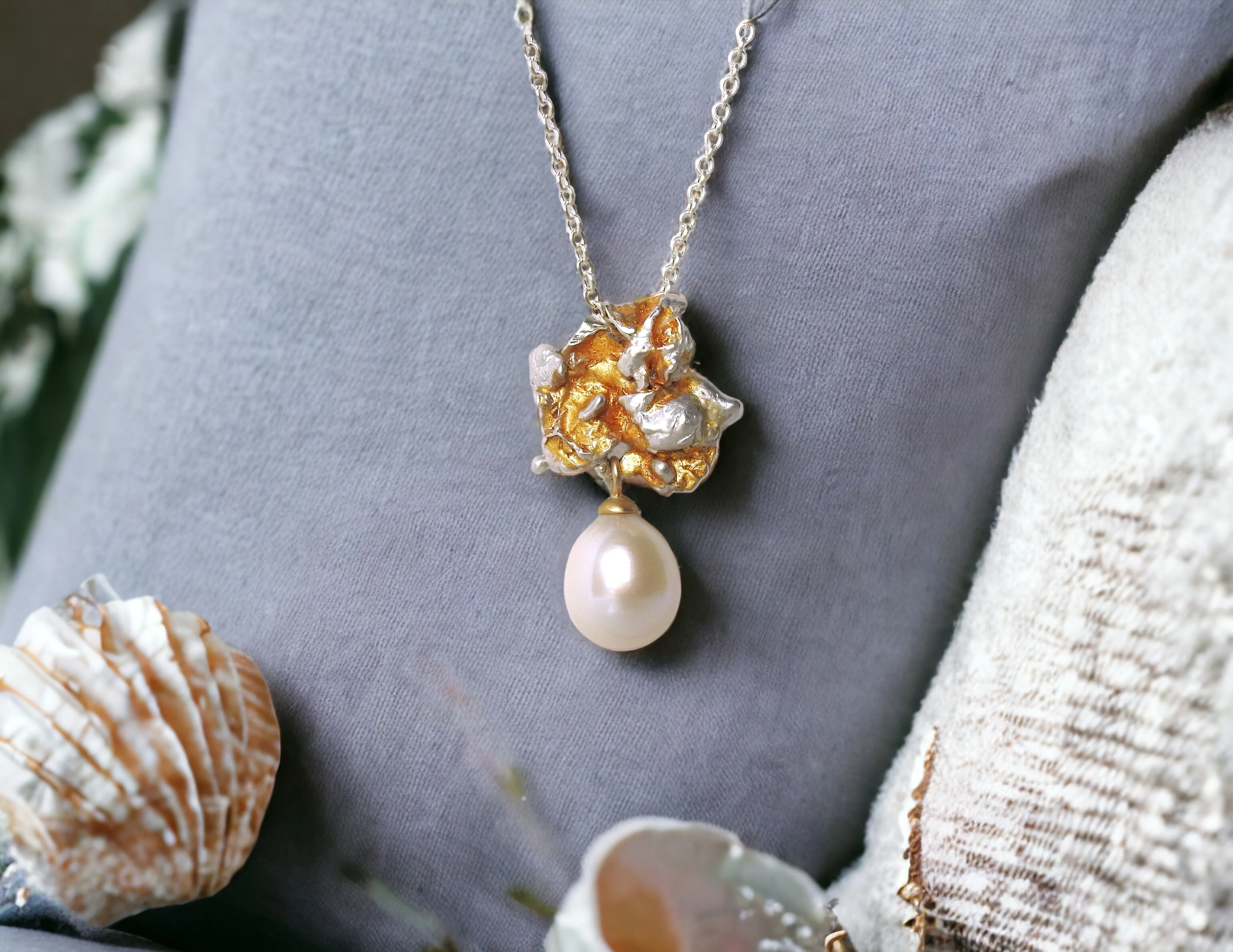 Coral reef drop pearl pendant