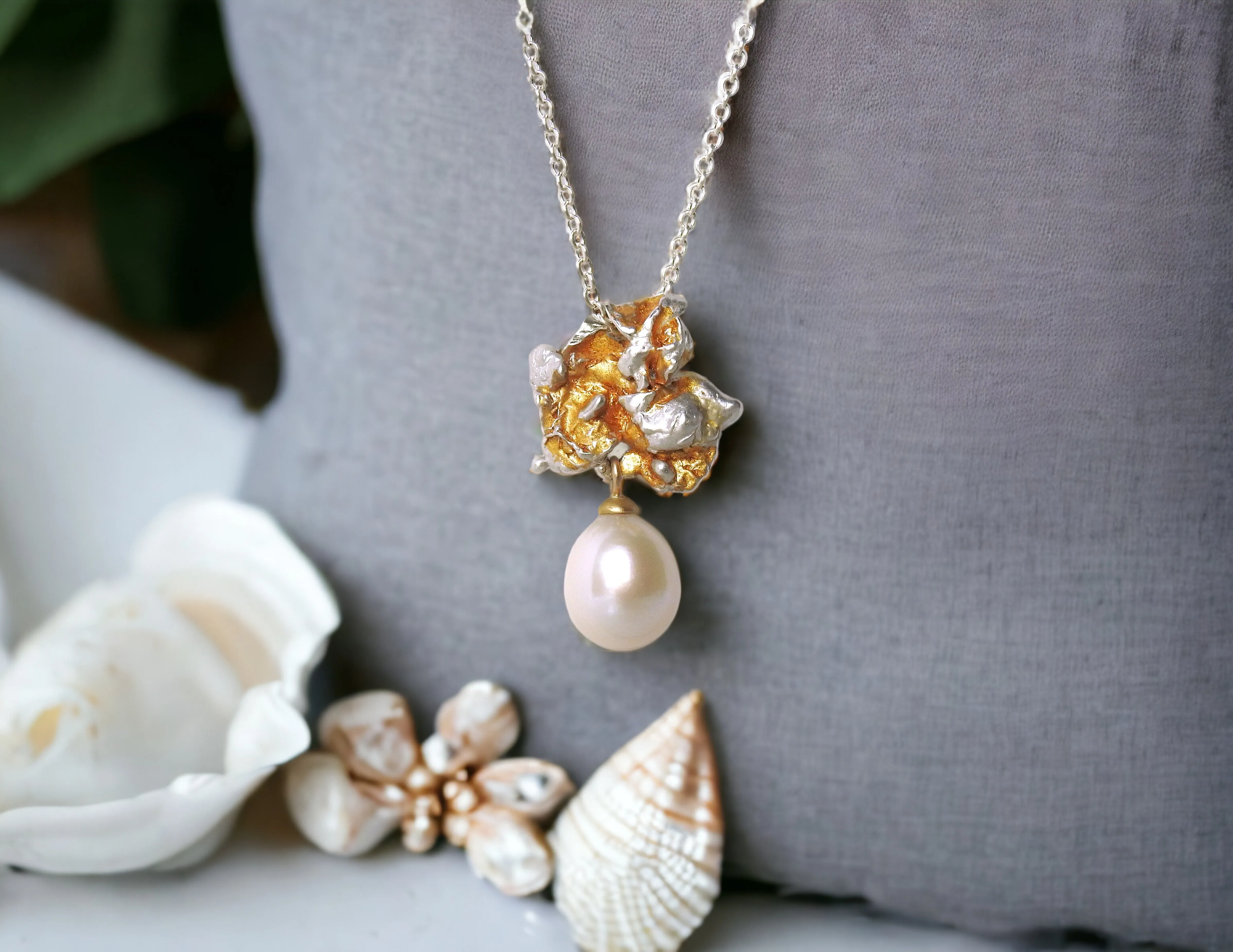 Coral reef drop pearl pendant