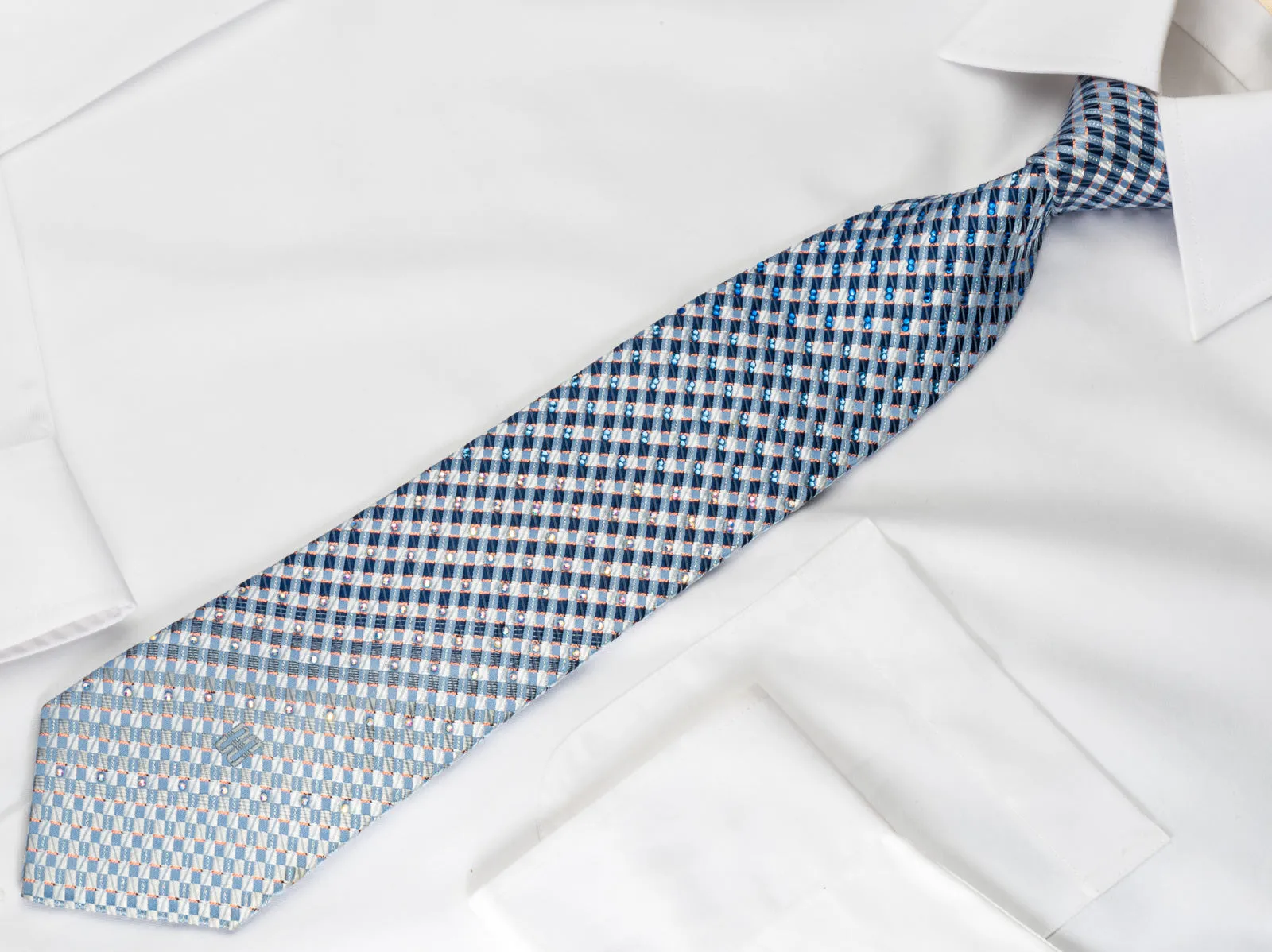 Daks Silk Bling Rhinestone Tie Blue Checkered With Sparkles