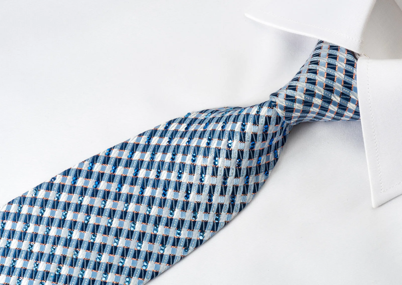 Daks Silk Bling Rhinestone Tie Blue Checkered With Sparkles