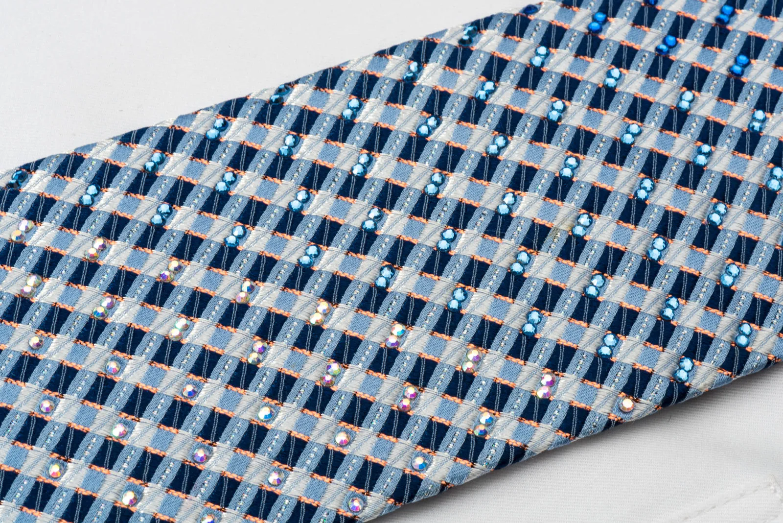 Daks Silk Bling Rhinestone Tie Blue Checkered With Sparkles