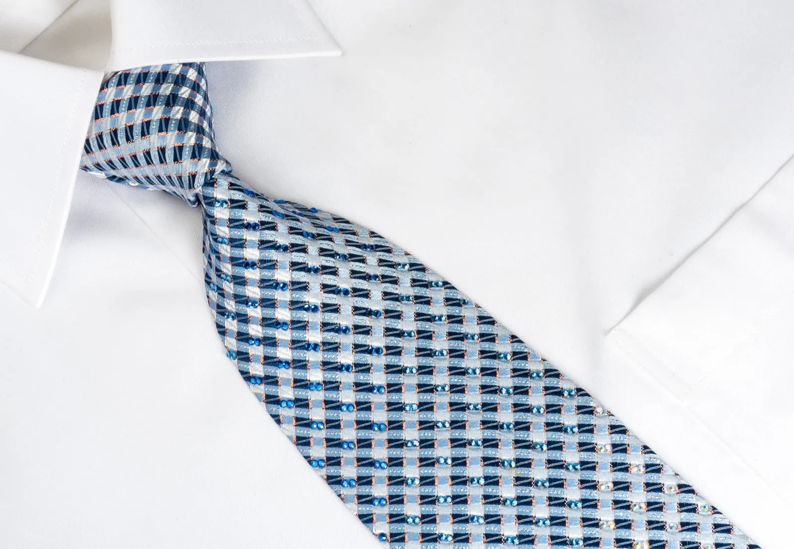 Daks Silk Bling Rhinestone Tie Blue Checkered With Sparkles