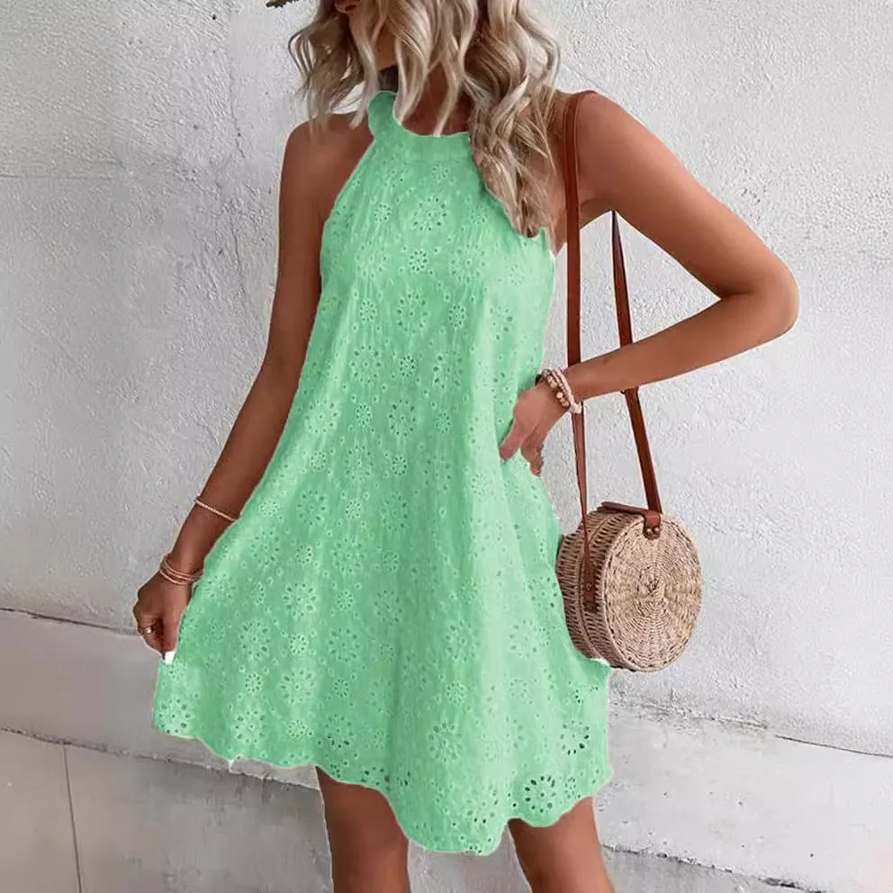 DEANWANGKT Europe and America Cross Border Foreign Trade Summer New Women's Lace Solid Color Sleeveless Button Halter  Dress