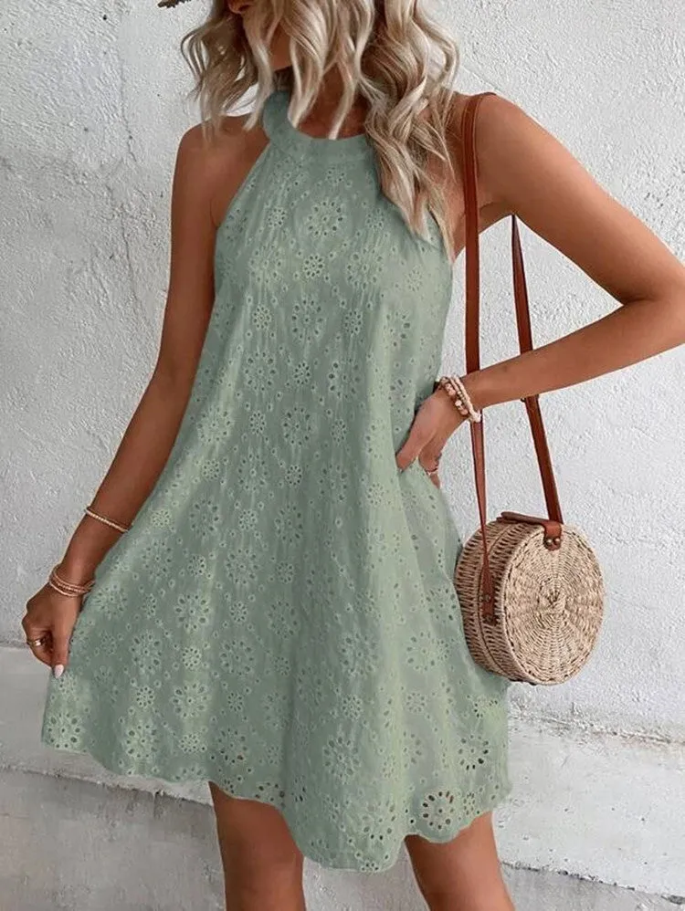 DEANWANGKT Europe and America Cross Border Foreign Trade Summer New Women's Lace Solid Color Sleeveless Button Halter  Dress