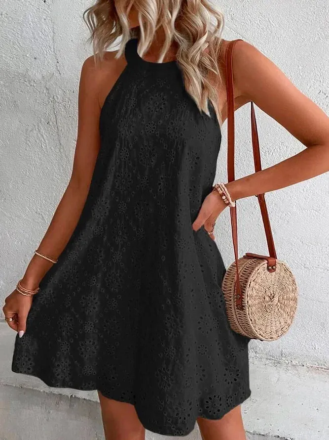 DEANWANGKT Europe and America Cross Border Foreign Trade Summer New Women's Lace Solid Color Sleeveless Button Halter  Dress