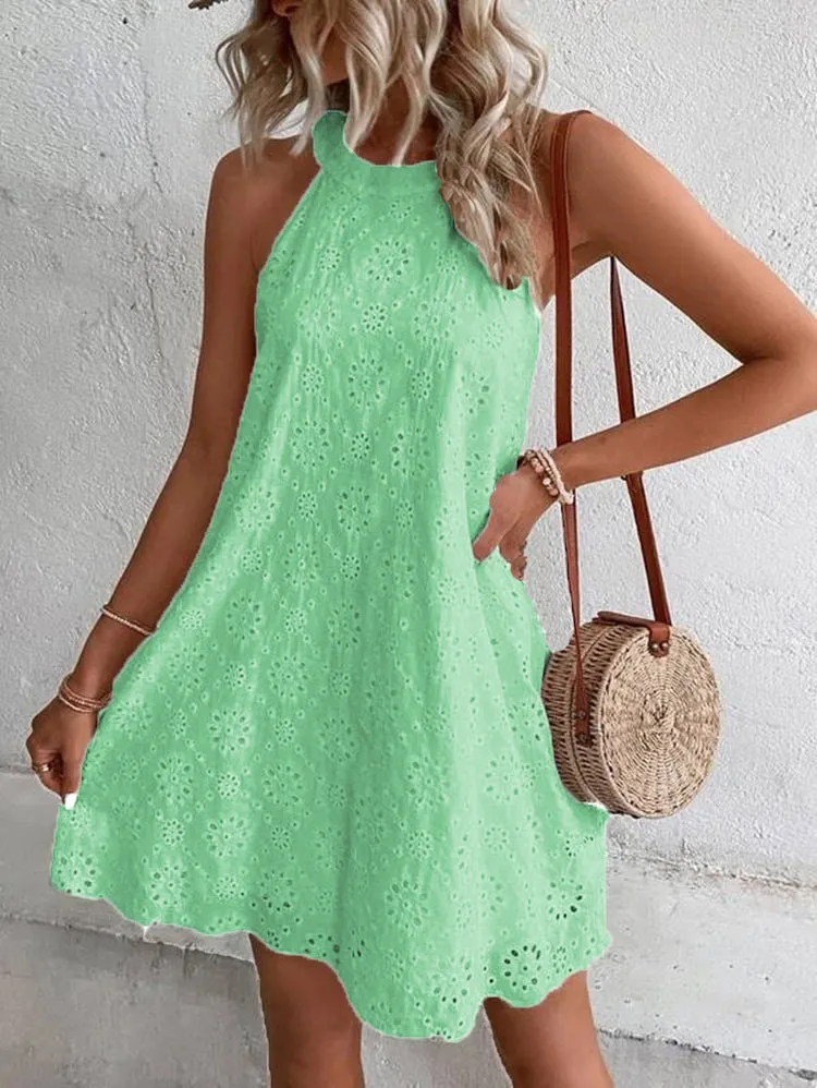 DEANWANGKT Europe and America Cross Border Foreign Trade Summer New Women's Lace Solid Color Sleeveless Button Halter  Dress