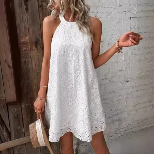 DEANWANGKT Europe and America Cross Border Foreign Trade Summer New Women's Lace Solid Color Sleeveless Button Halter  Dress