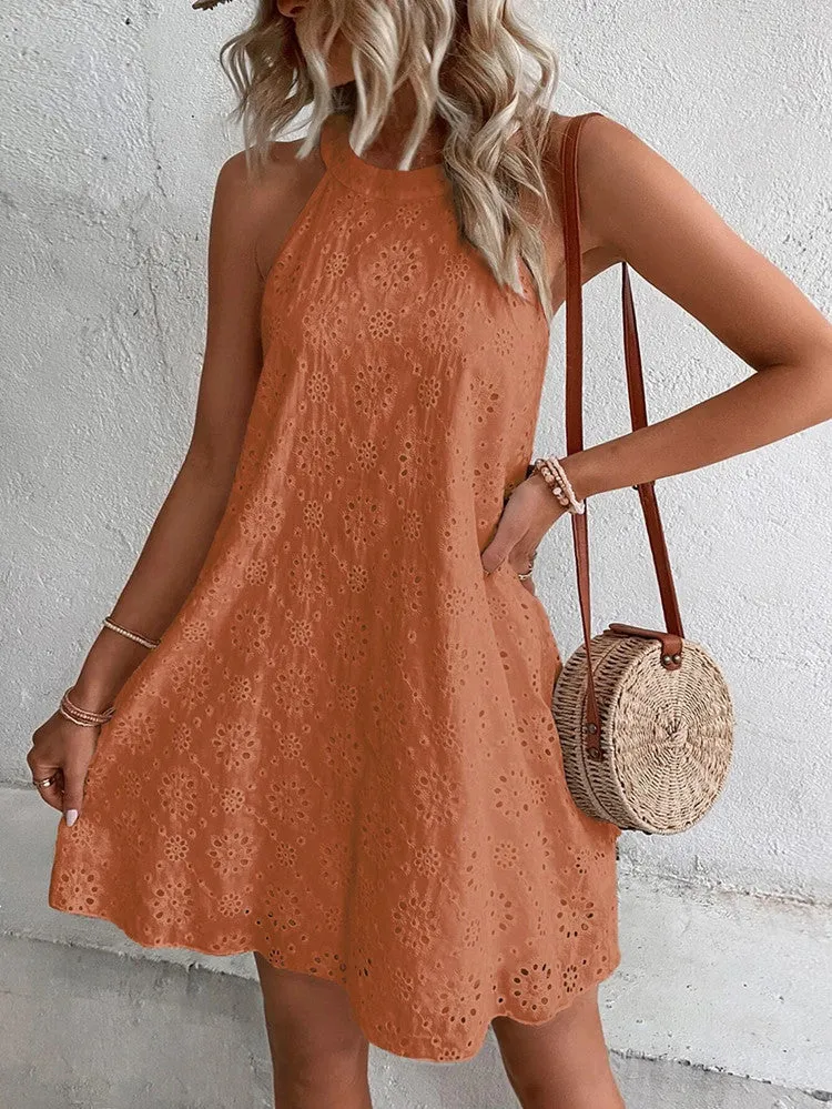 DEANWANGKT Europe and America Cross Border Foreign Trade Summer New Women's Lace Solid Color Sleeveless Button Halter  Dress