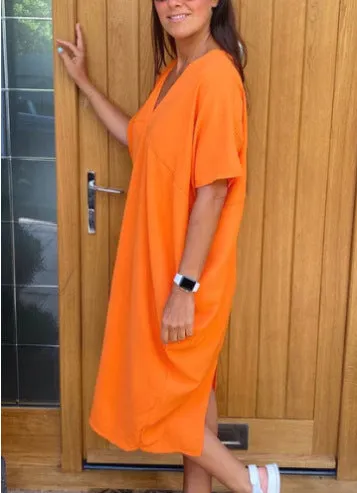 DEANWAQNGKT  European American Summer New Cross-Border  Independent Station Hot Sale Slit Mid-Length Dress Foreign Trade Women's Clothing