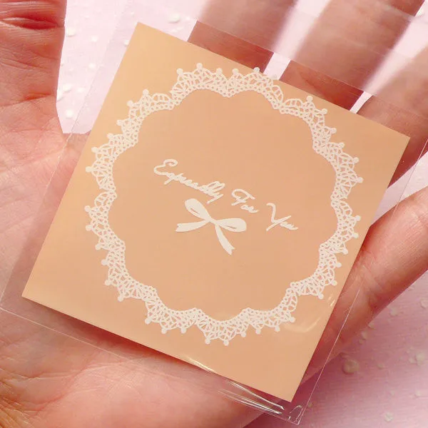 DEFECT Especially For You Gift Bags w/ Doily & Ribbon Pattern (20pcs / Light Orange) Self Adhesive Resealable Clear Plastic Bag (6.9cm x 7cm) GB103