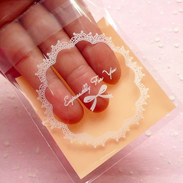 DEFECT Especially For You Gift Bags w/ Doily & Ribbon Pattern (20pcs / Light Orange) Self Adhesive Resealable Clear Plastic Bag (6.9cm x 7cm) GB103