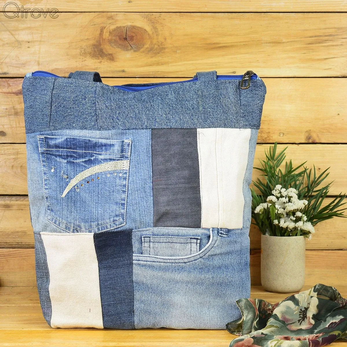 Denim Patchwork Tote Bag With A Touch of White