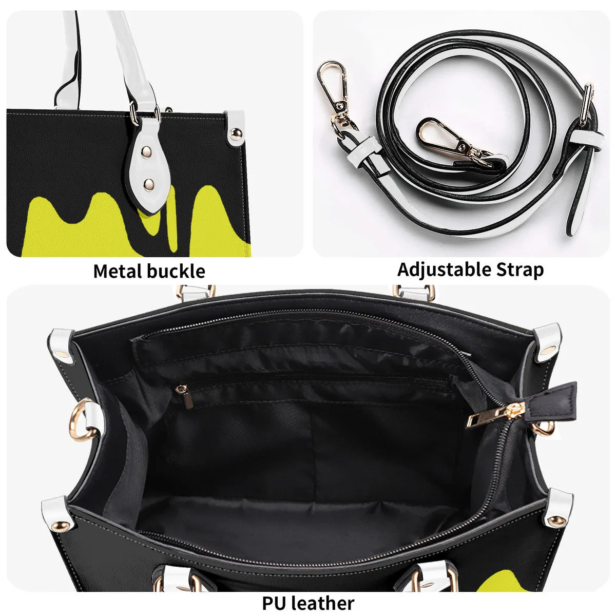 DRIP LO Black Logo & Yellow  Multiple Sizes Upgraded Luxury Women PU Leather Handbag