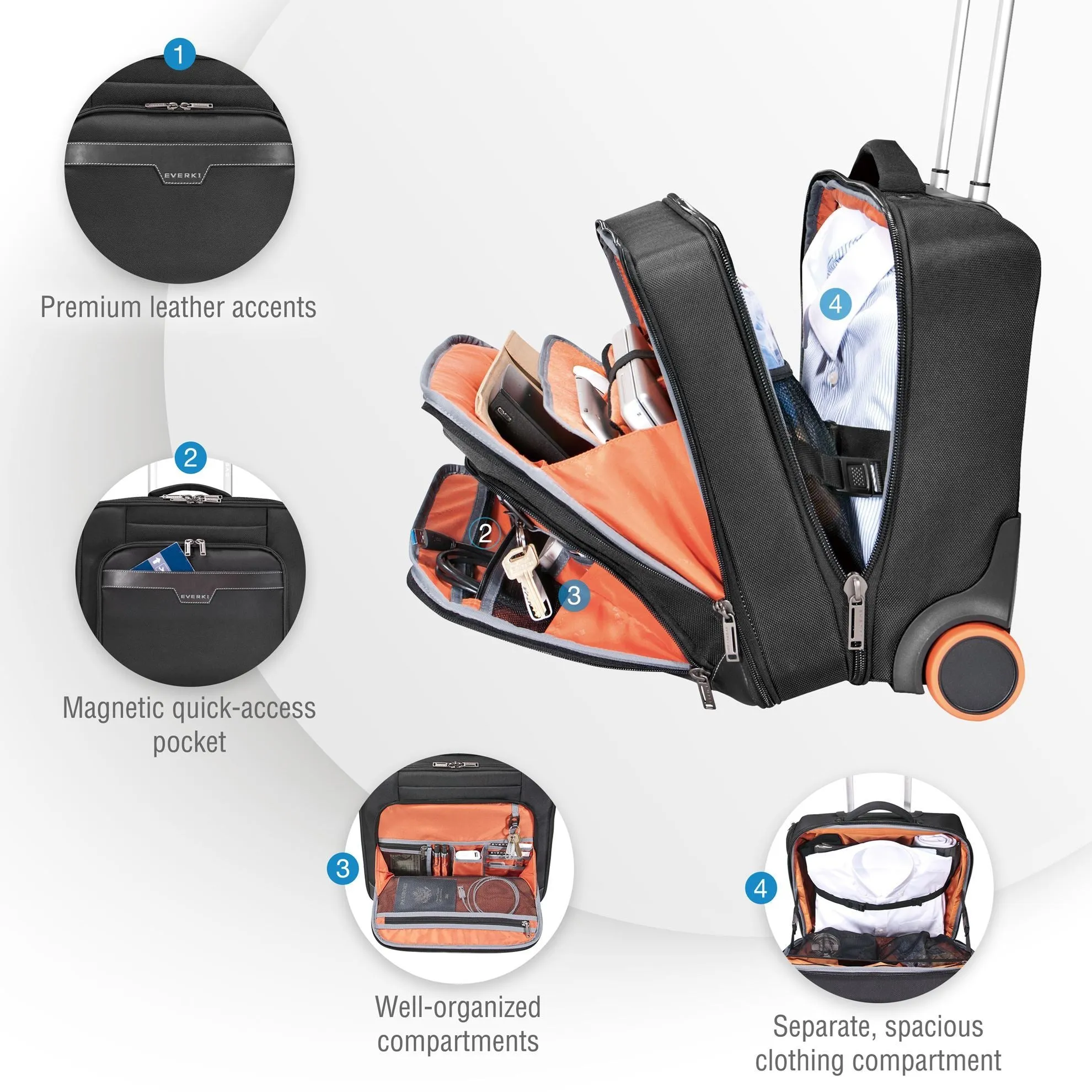 Everki Journey 16'' Laptop Trolley, Magnetic Quick Access Pocket, Trolley Handle Pass-through Strap