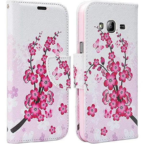 Galaxy J7 2016 Case, Magnetic Fold[Kickstand] Pu Leather Wrist Strap Wallet Case with ID & Credit Card Slot for Samsung Galaxy J7 2016 / J710 - Cherry Blossom