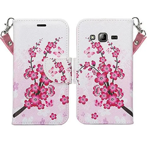 Galaxy J7 2016 Case, Magnetic Fold[Kickstand] Pu Leather Wrist Strap Wallet Case with ID & Credit Card Slot for Samsung Galaxy J7 2016 / J710 - Cherry Blossom