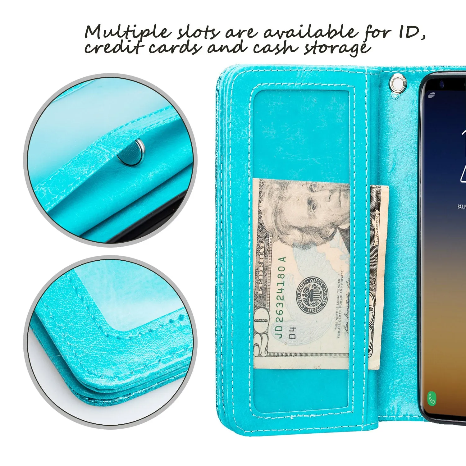 Galaxy S9 Case, Samsung Galaxy S9 Case, Glitter Faux Leather Flip Credit Card Holder Wrist Strap Shockproof Protective Wallet Case Clutch for Samsung Galaxy S9 - Teal