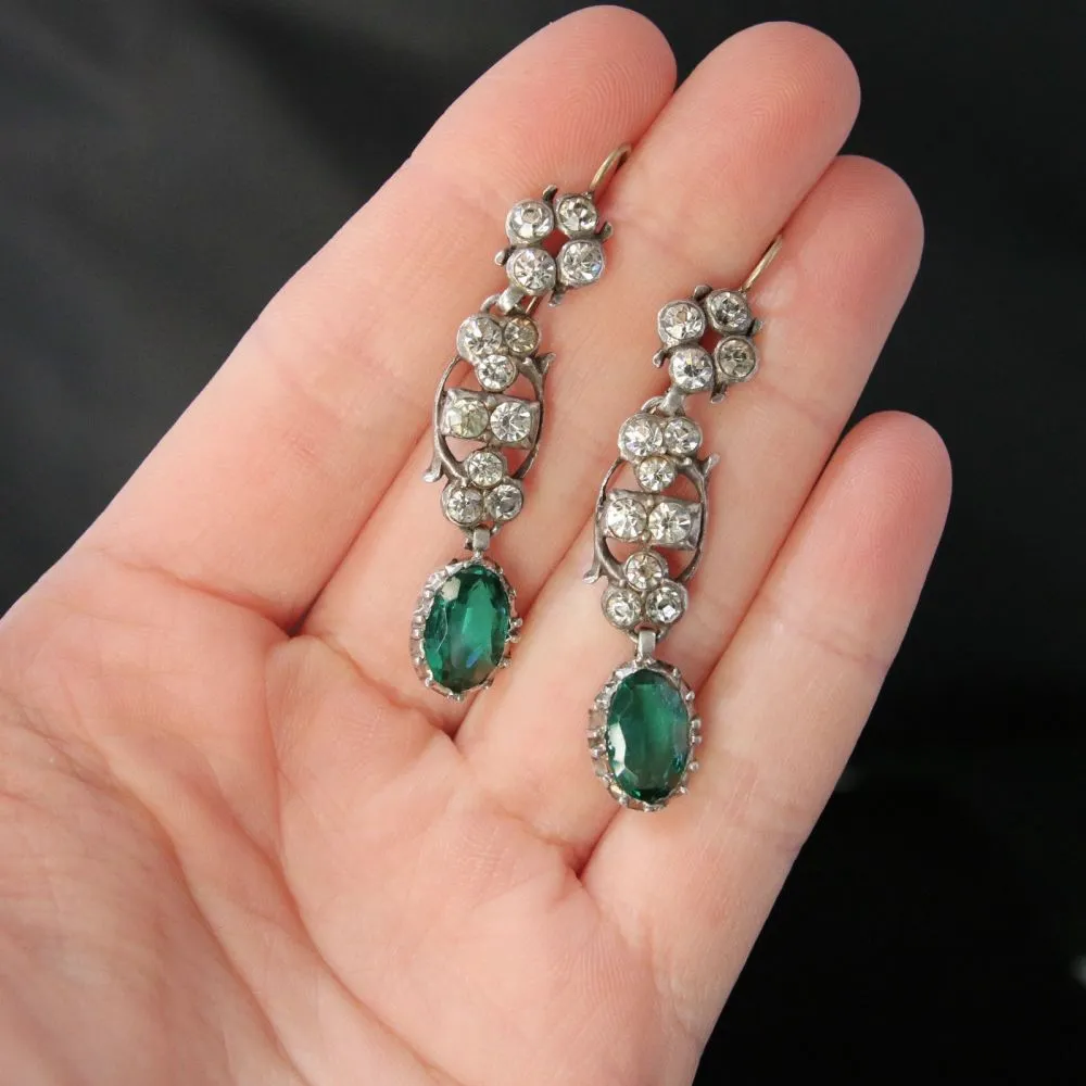 Georgian Style Green Paste Drop Earrings Silver