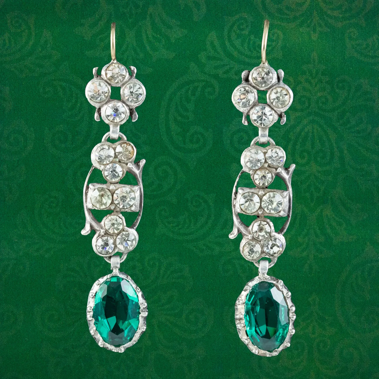 Georgian Style Green Paste Drop Earrings Silver