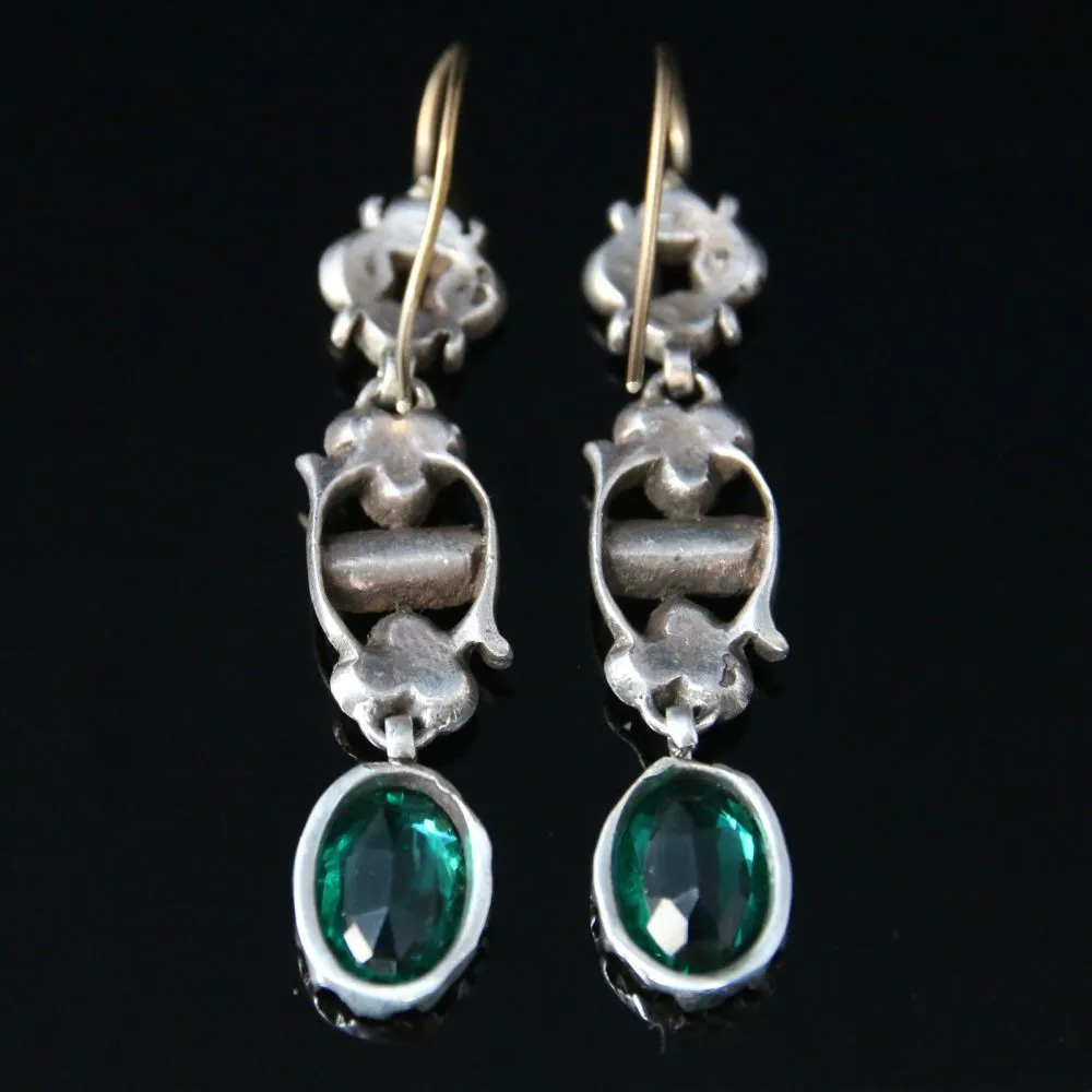 Georgian Style Green Paste Drop Earrings Silver