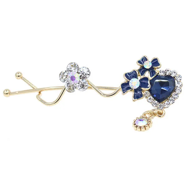 Gold Finish Rhinestone Heart and Enamel Floral Hair Clip [pc]