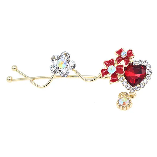 Gold Finish Rhinestone Heart and Enamel Floral Hair Clip [pc]