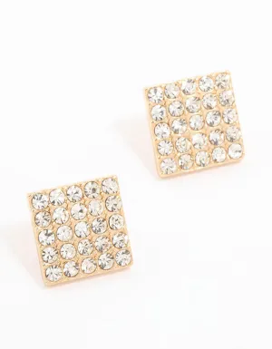 Gold Square Pave Diamante Stud Earrings