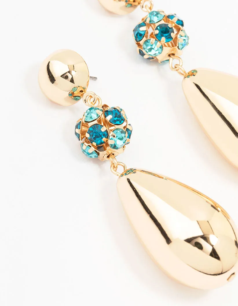 Gold Teardrop Diamante Ball Drop Earrings