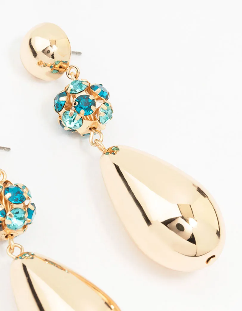 Gold Teardrop Diamante Ball Drop Earrings
