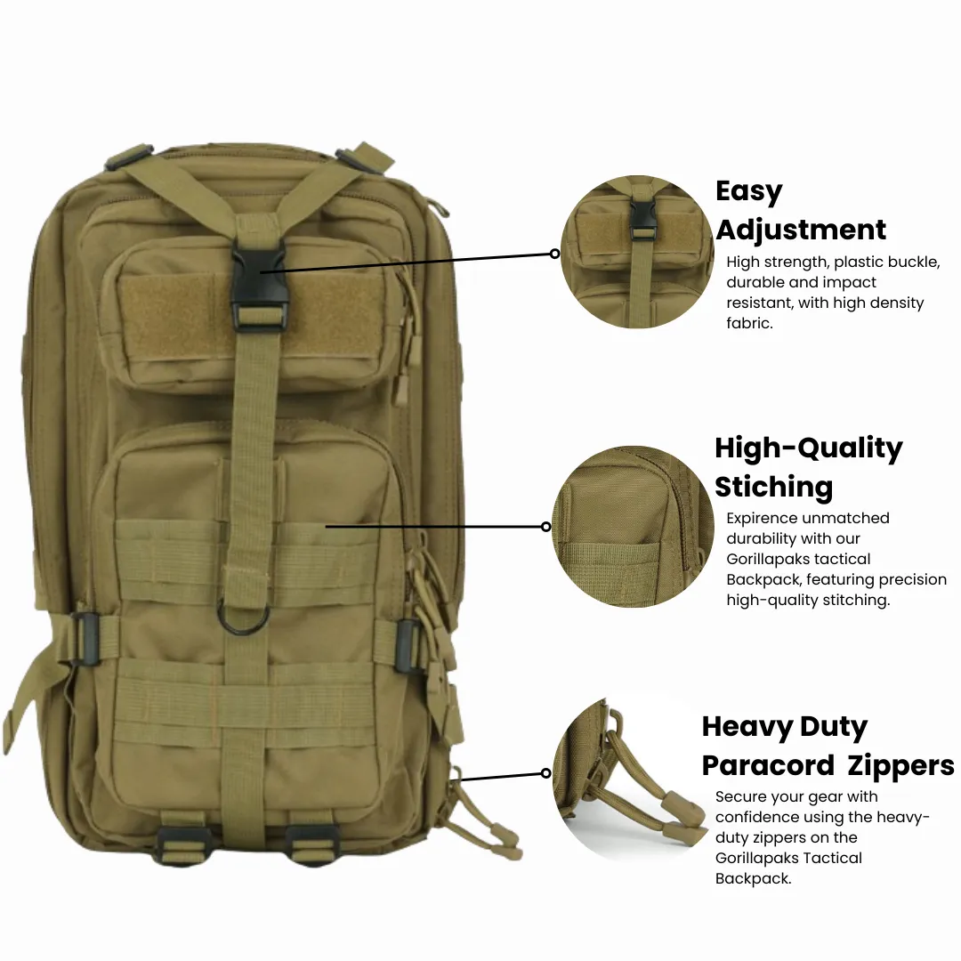 Gorilla Paks™ Small 30L Military Tactical Hydration Backpack (Tan) - 2.5L Water Bladder - Assault 3 Day Pack Army Molle Bag Backpacks Rucksack - Hunting, Hiking.