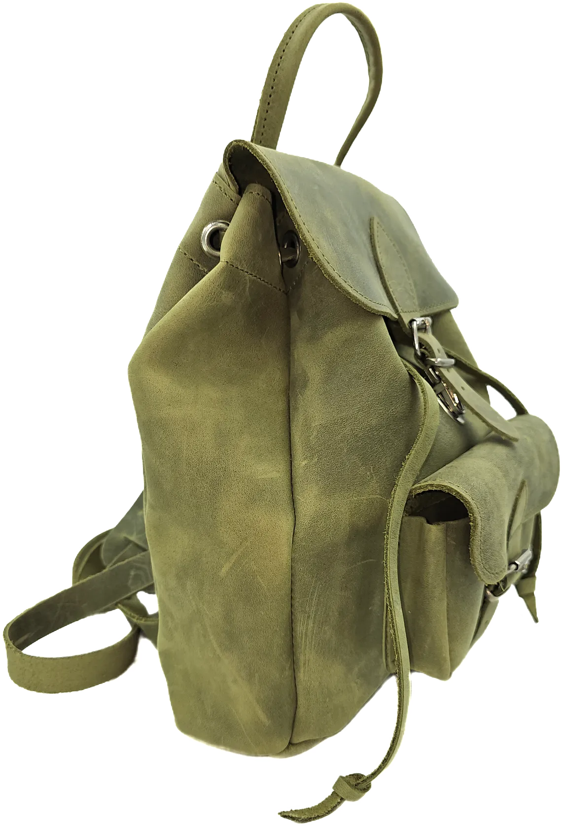 Green women's leather backpack from oil tanned leather