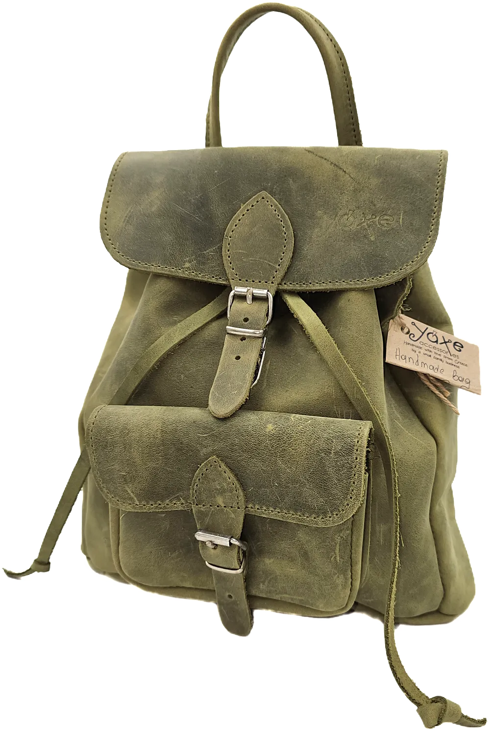 Green women's leather backpack from oil tanned leather