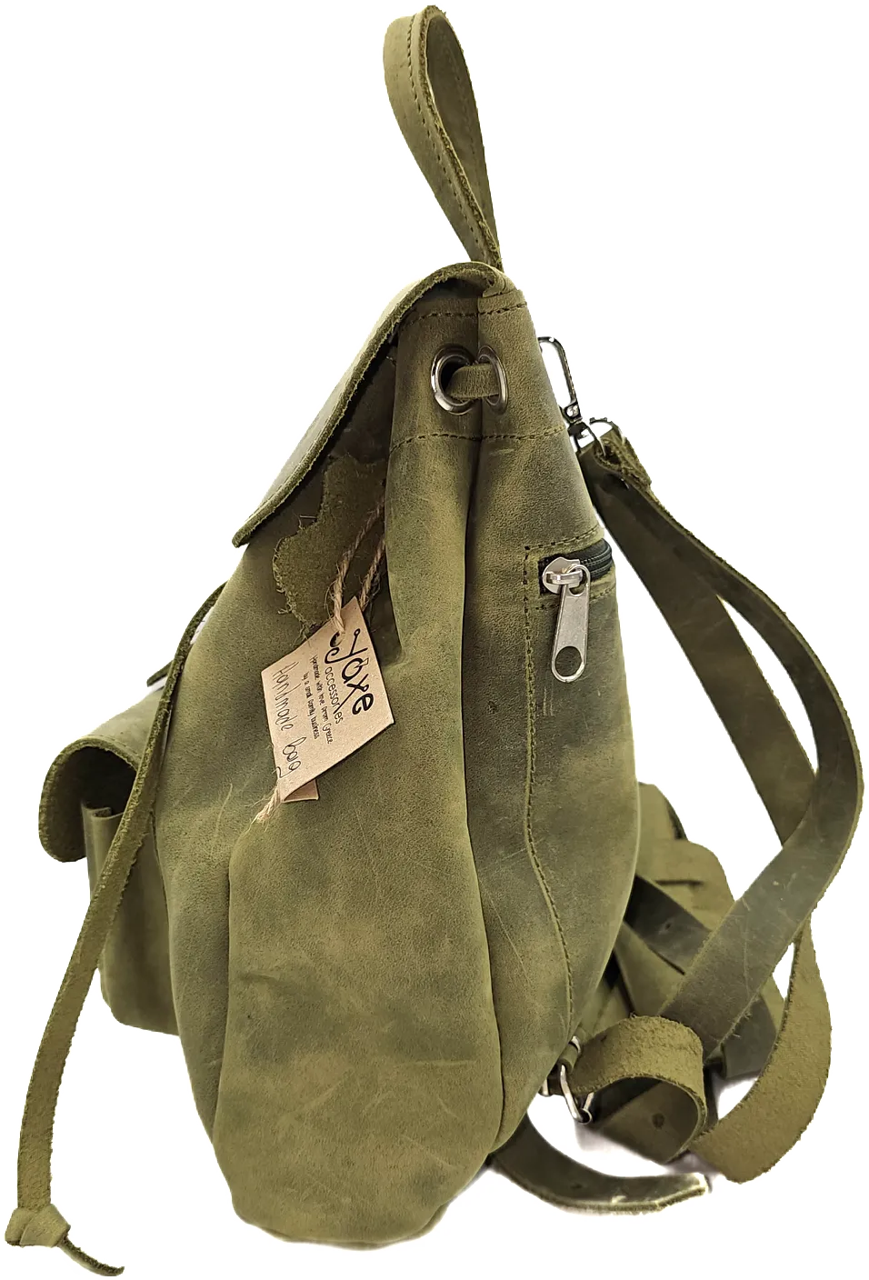 Green women's leather backpack from oil tanned leather