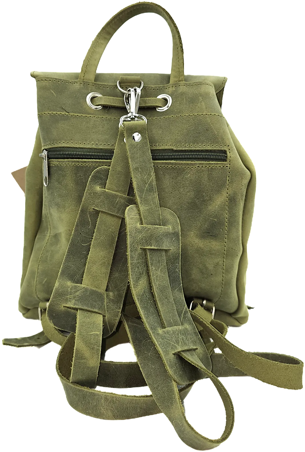 Green women's leather backpack from oil tanned leather